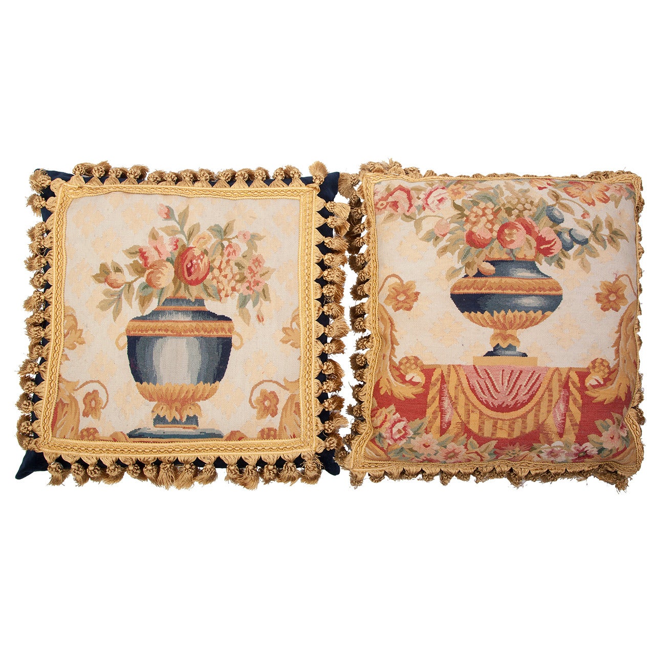 Antique Aubusson Tapestry and Grey Silk Velvet Decorative Pillow For