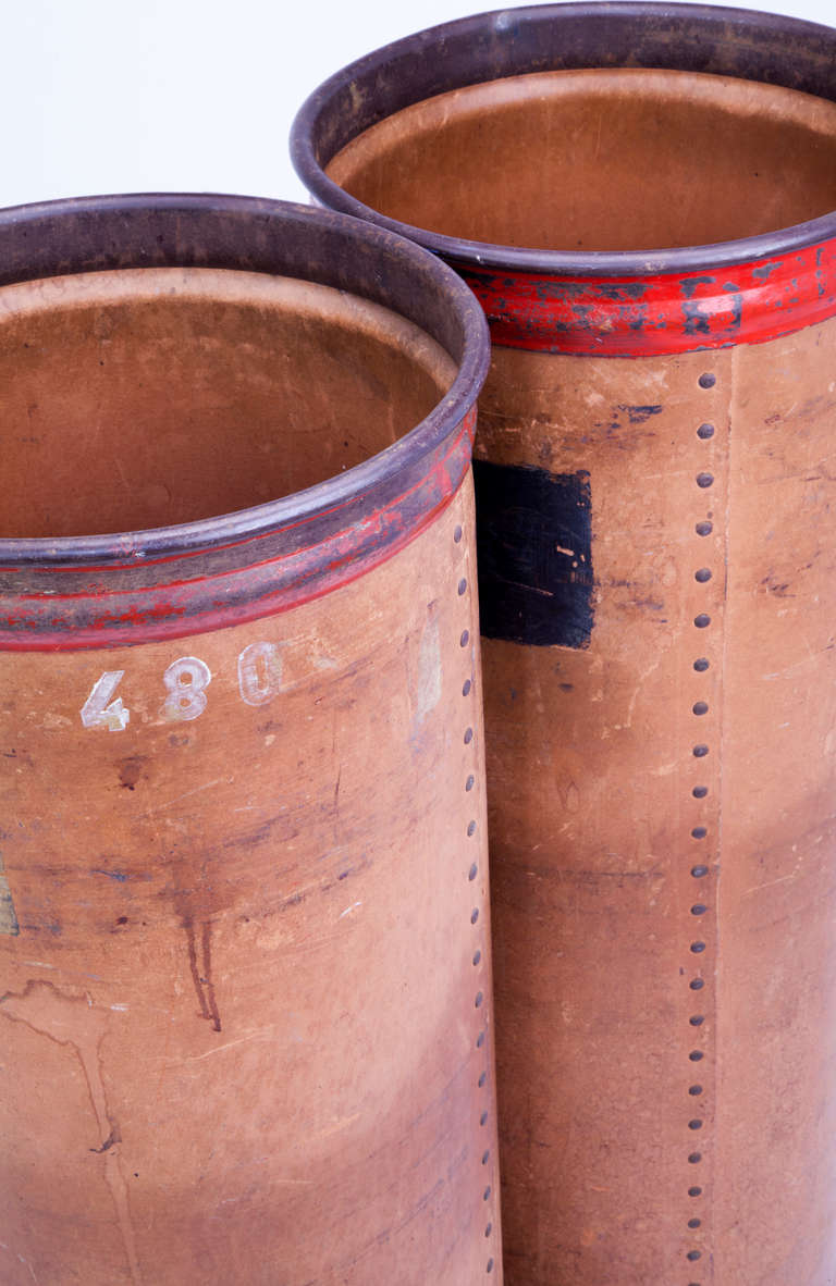 French Vintage Painted Leather and Metal Industrial Containers For Sale