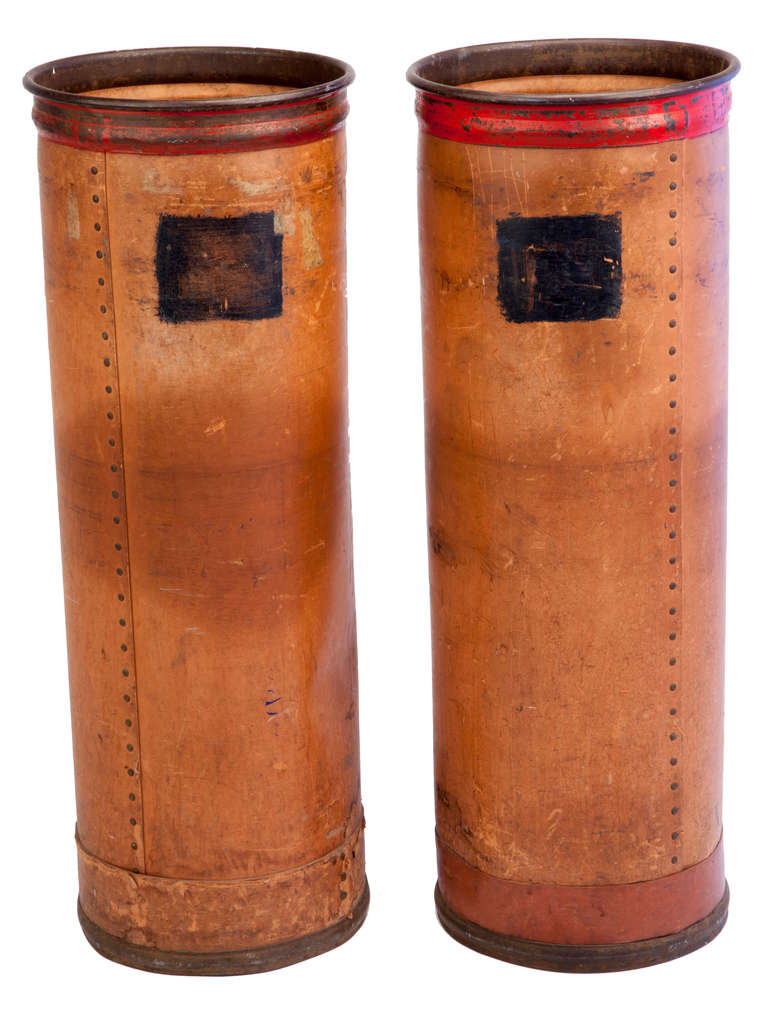 French Vintage Painted Leather and Metal Industrial Containers For Sale