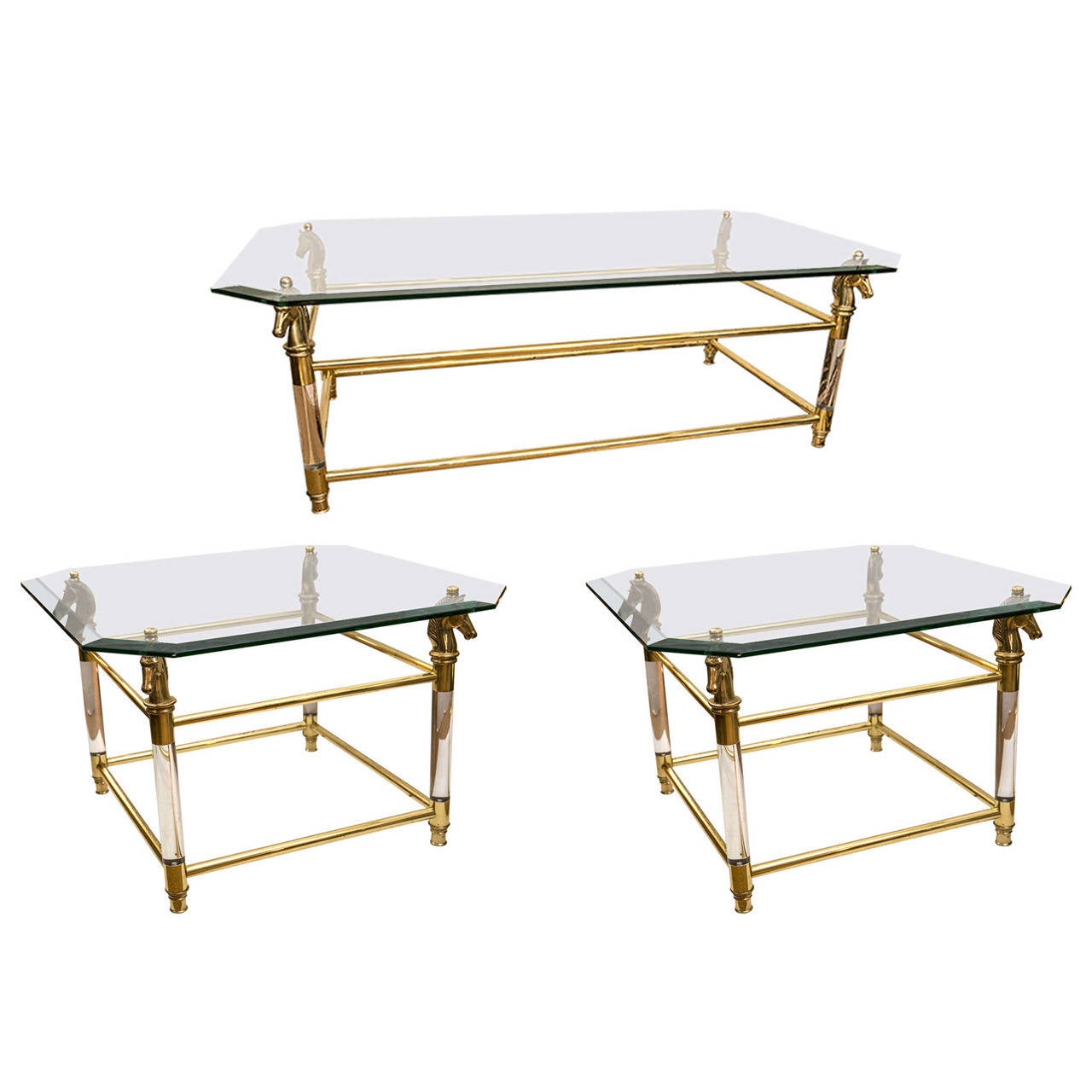 Set of Vintage French Brass and Lucite Horse Head Glass Top Tables For
