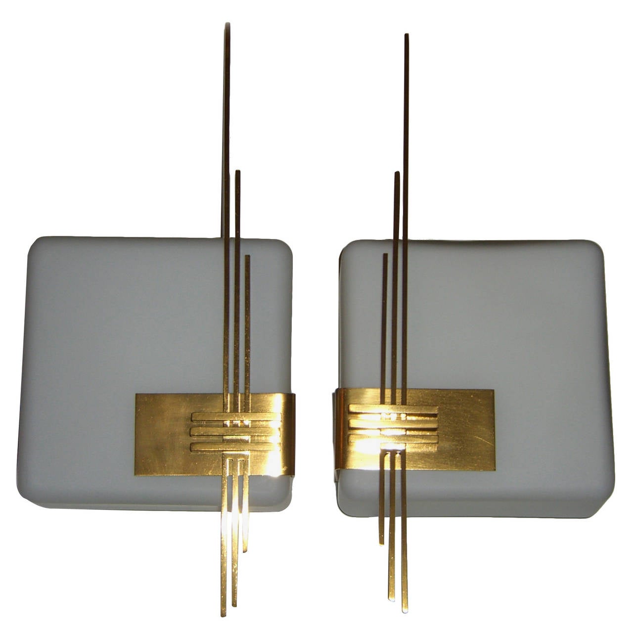 Pair of MidCentury White Glass Wall Lights with Gold Plated