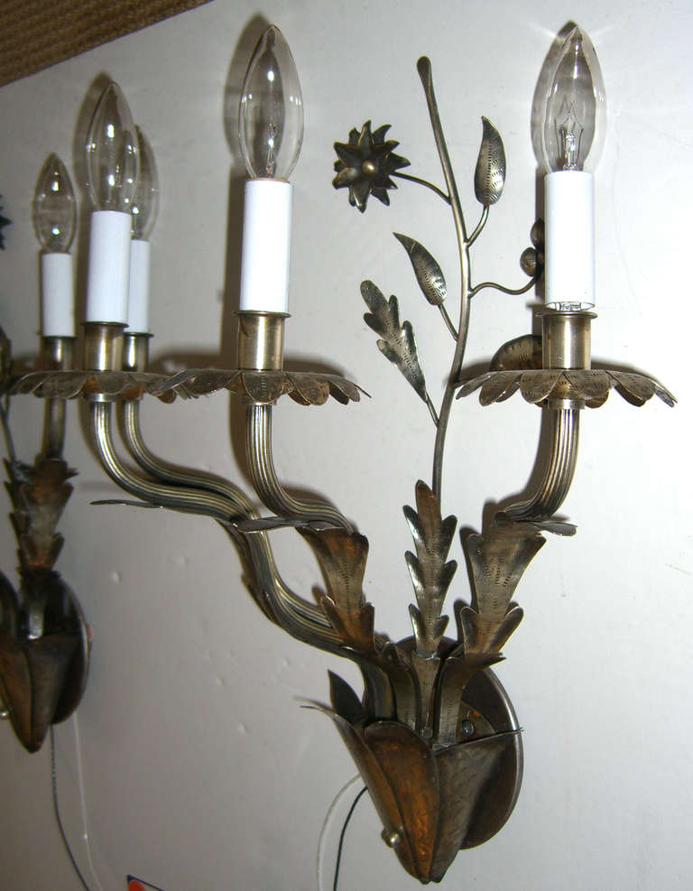 Pair of Vintage French HandHammered Flower Design Wall Lights For Sale