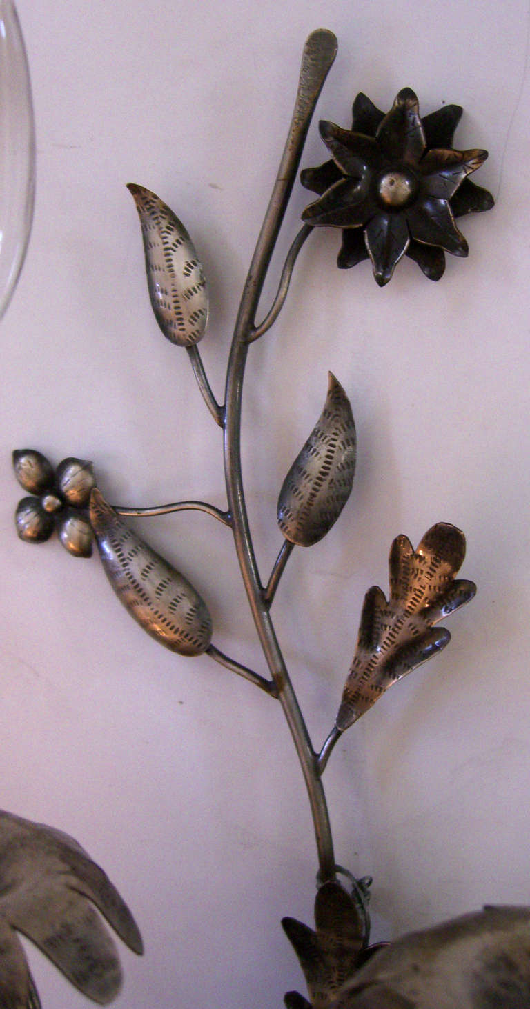 Pair of Vintage French HandHammered Flower Design Wall Lights For Sale