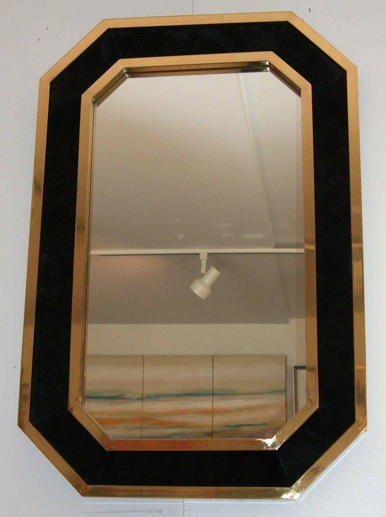 Vintage French Black Cowhide and Brass Framed Wall Mirror at 1stDibs