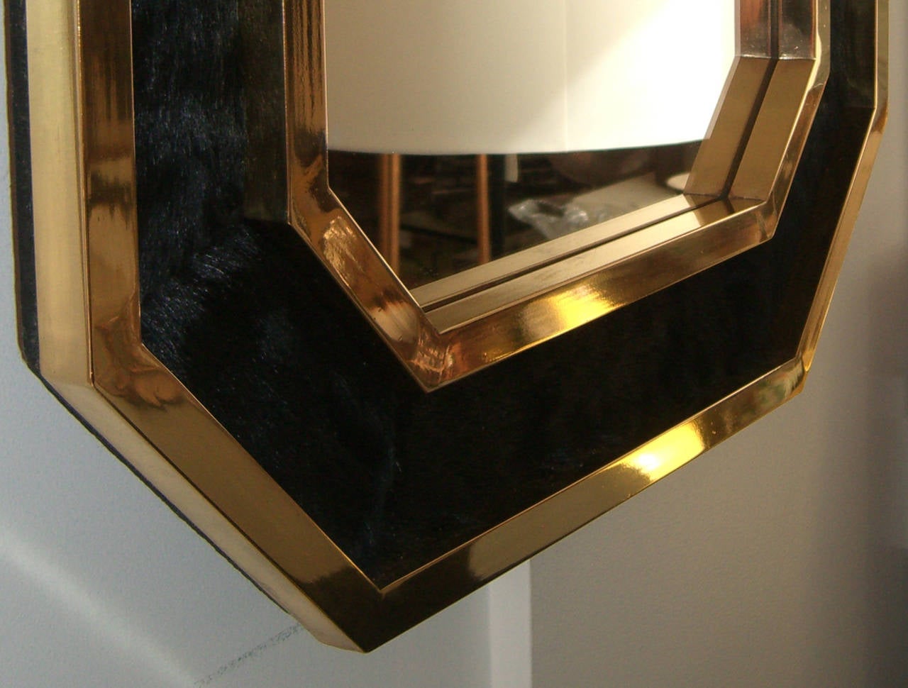 Vintage French Black Cowhide and Brass Framed Wall Mirror at 1stDibs