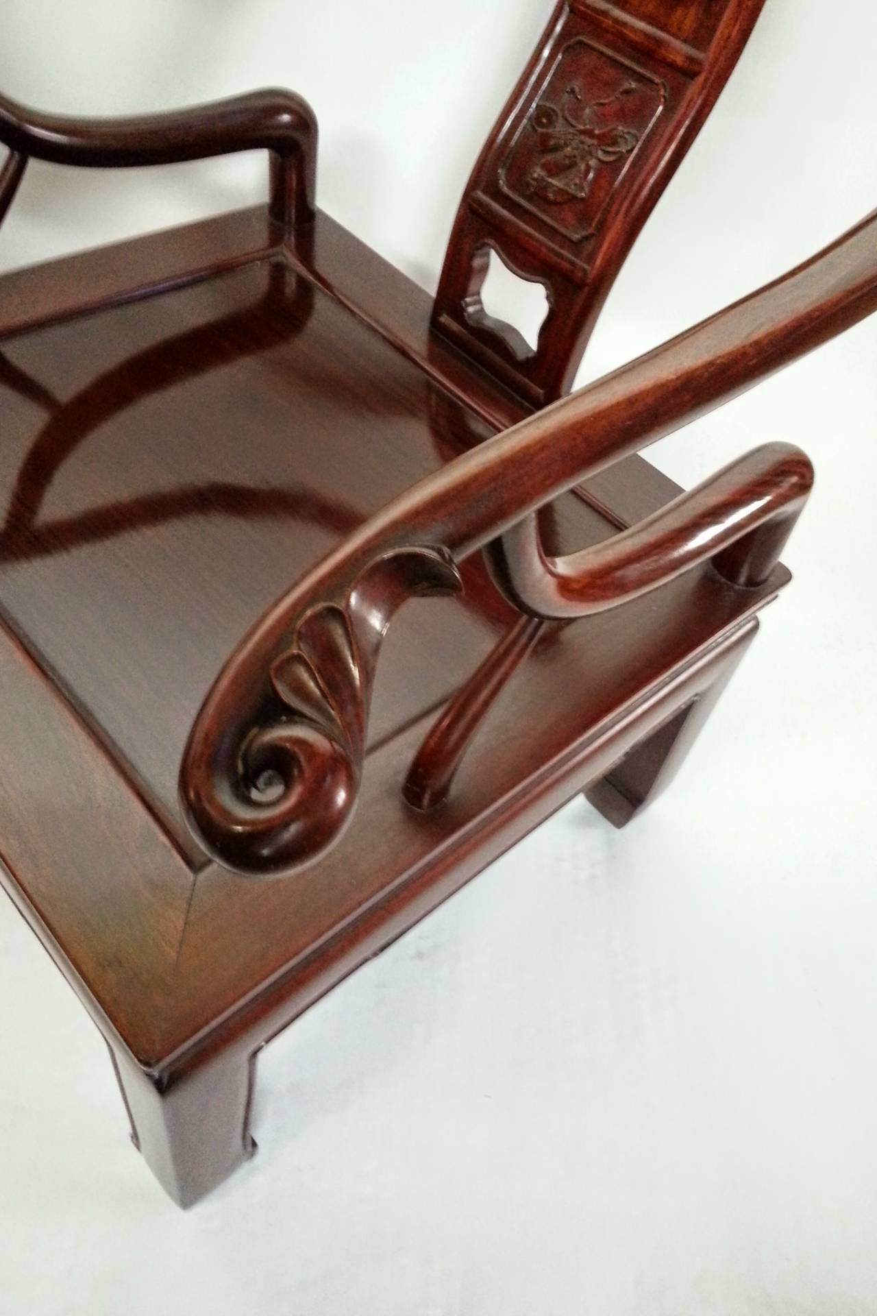 Exquisite Pair of HandCarved Ming Style Rosewood Lounge Chairs, circa