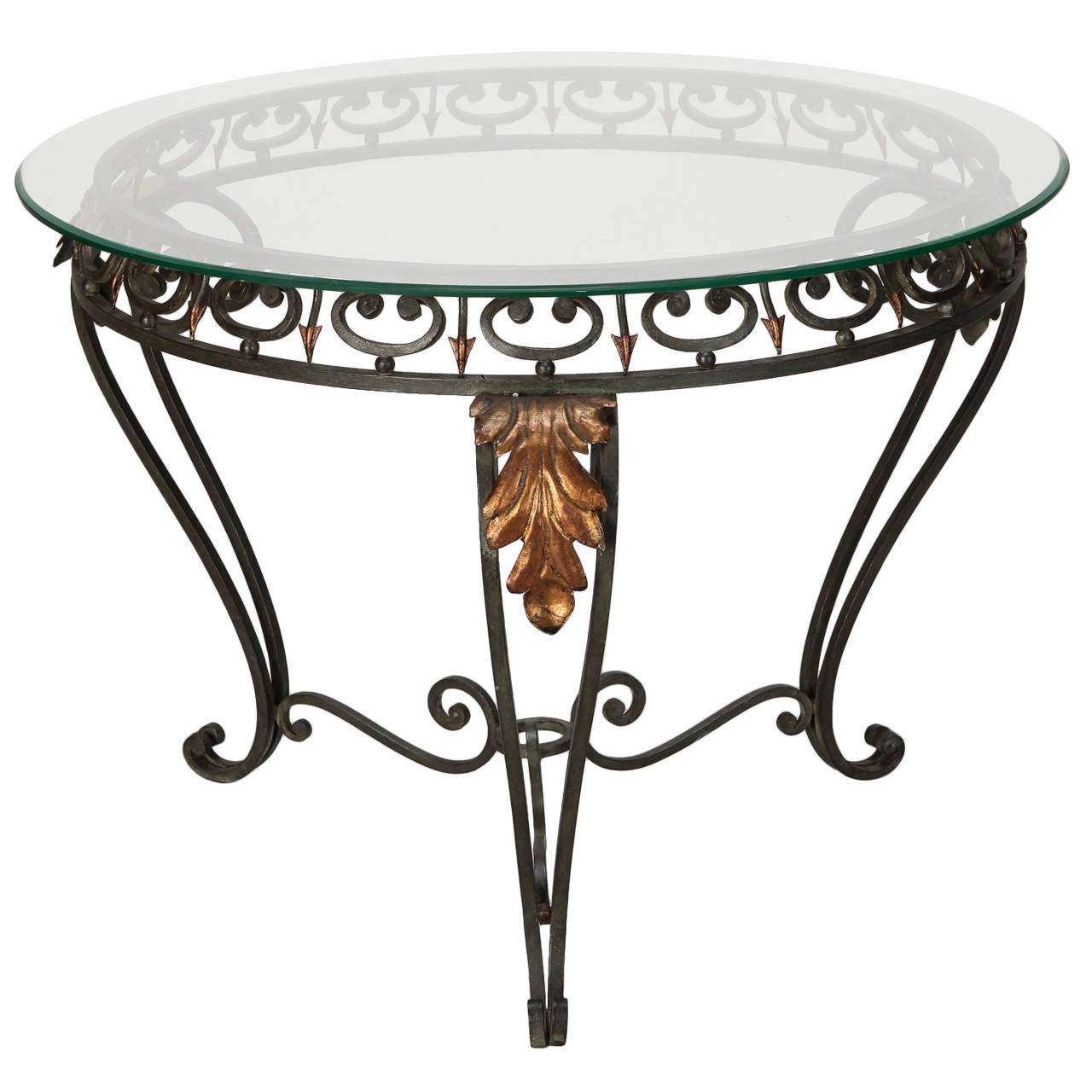 Italian Glass Top Table with Green Iron Frame and Gilt Metal Leaves For