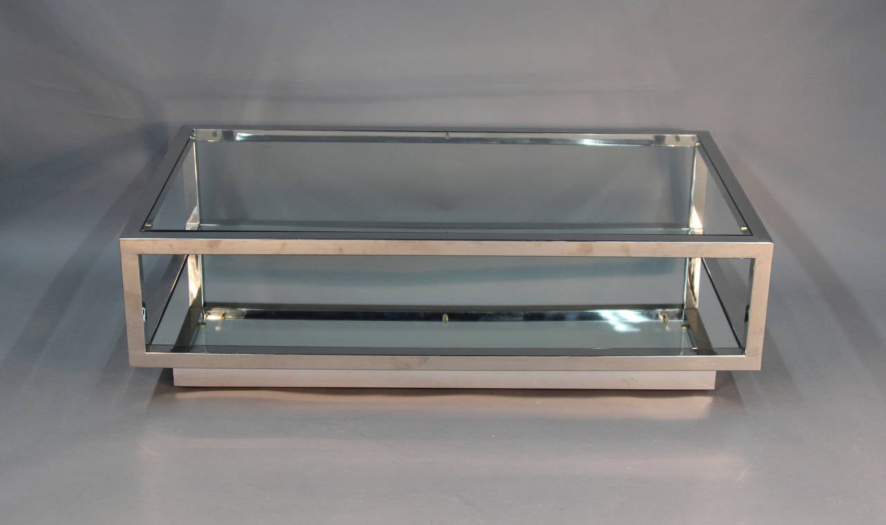 Chrome and Glass Top Coffee Table with Mirrored Shelf Attributed Cy