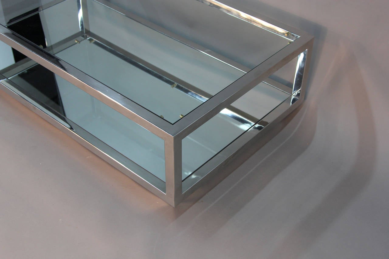Chrome and Glass Top Coffee Table with Mirrored Shelf Attributed Cy