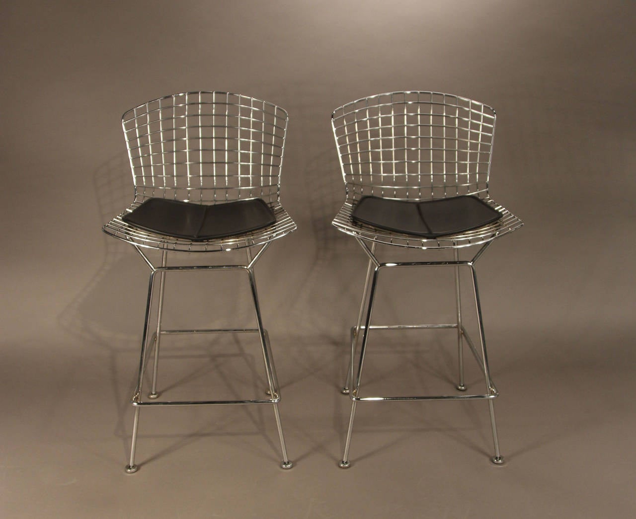 Pair of Harry Bertoia for Knoll Bar Stools in Chrome with Black Leather