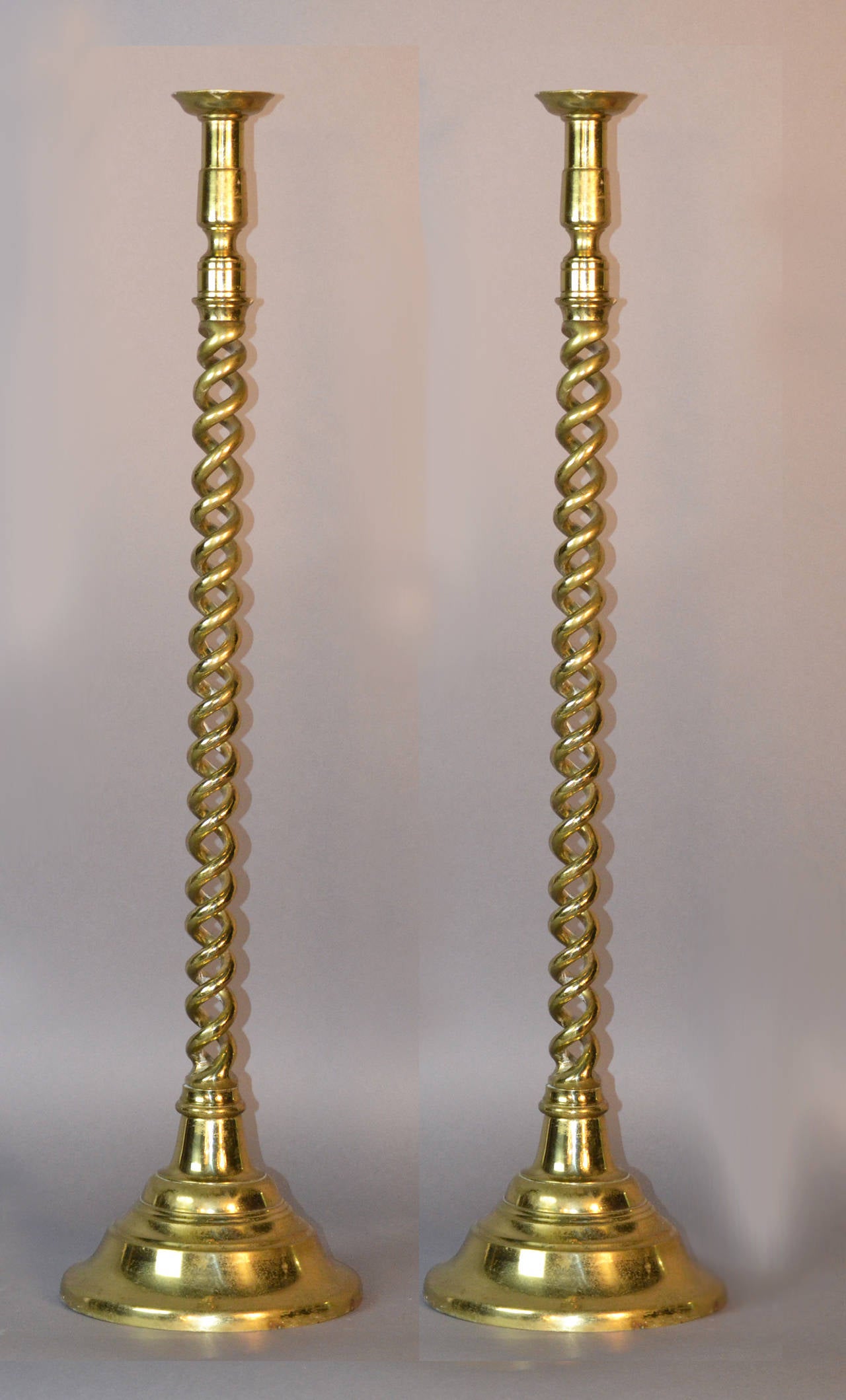 Pair of Tall English Brass Floor Candlesticks at 1stDibs