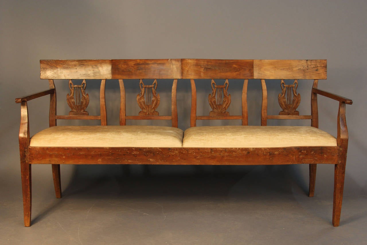 19th Century Carved Back Wood Upholstered Bench Settee For