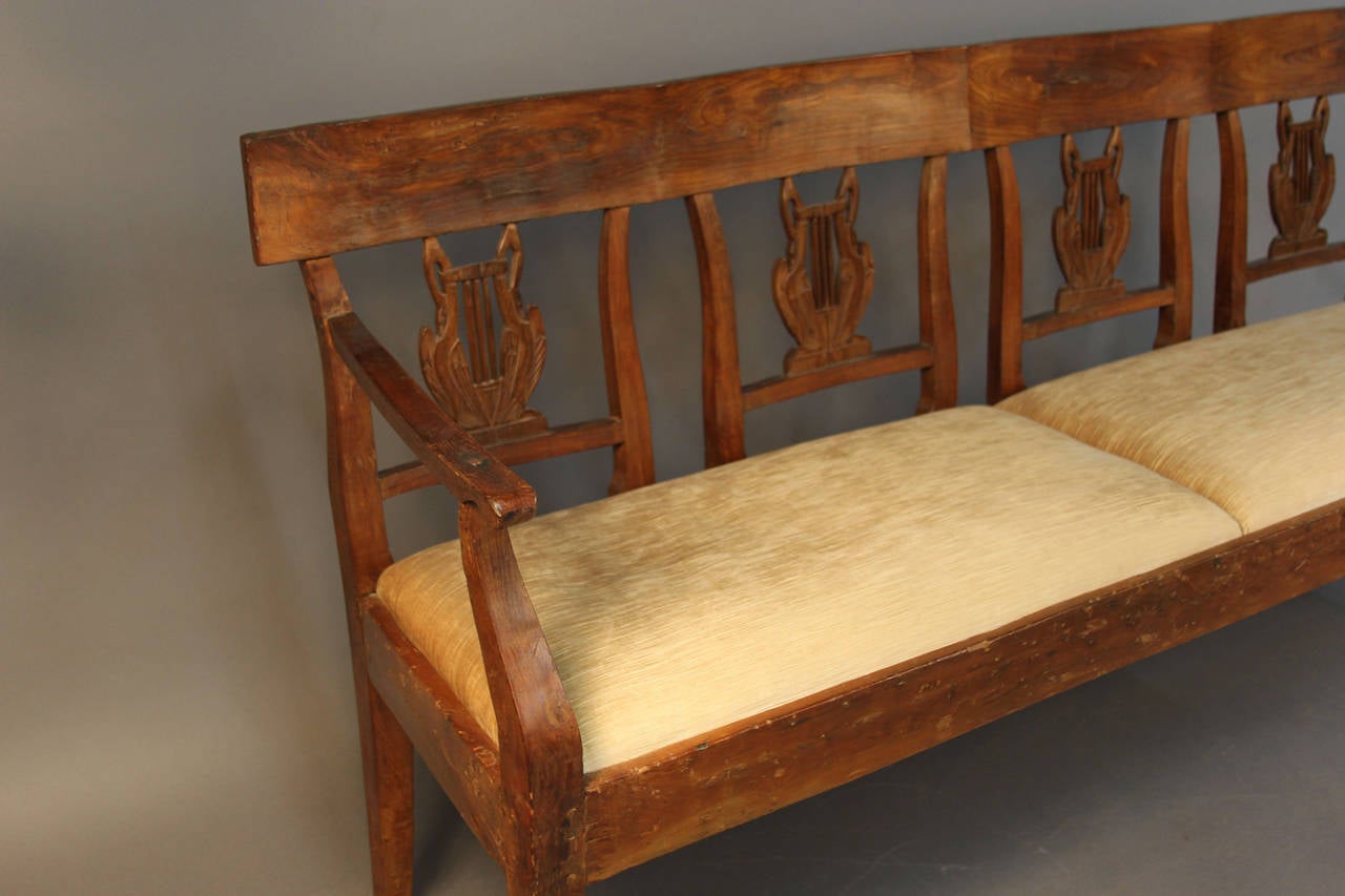 19th Century Carved Back Wood Upholstered Bench Settee For Sale at