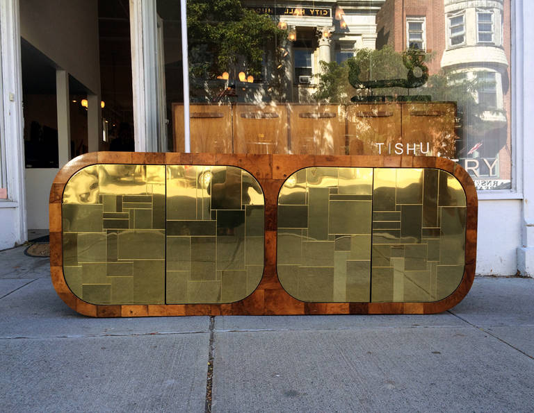 Brass and Burl Patchwork Cityscape Credenza Paul Evans for Directional