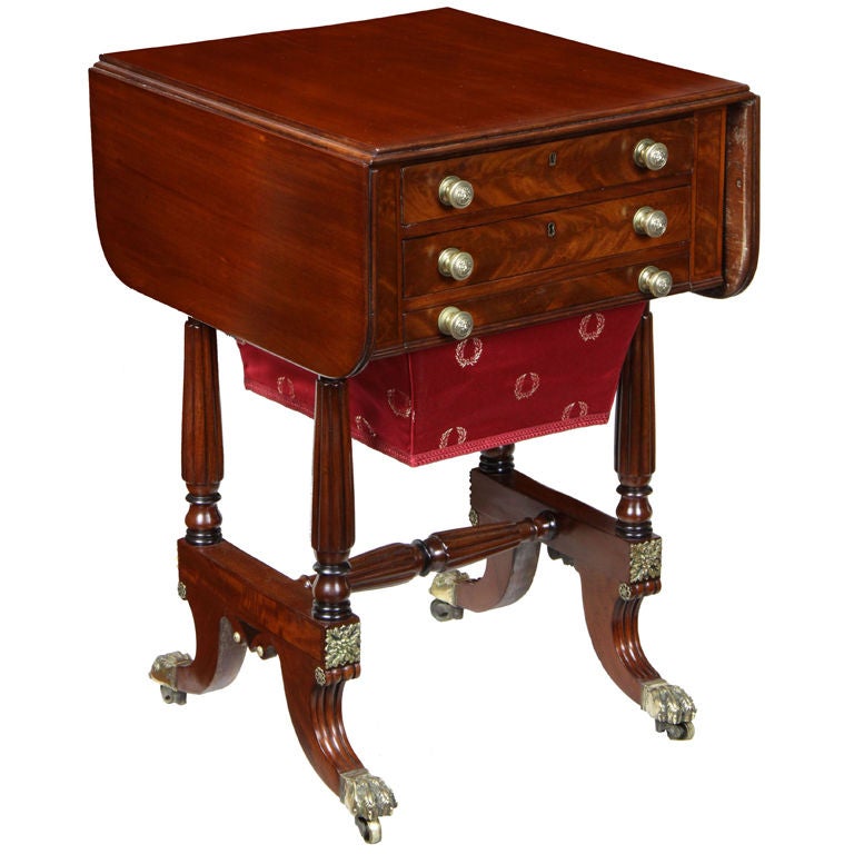 Carved DropLeaf Sewing Table, Boston, Possibly Seymour For Sale at 1stdibs