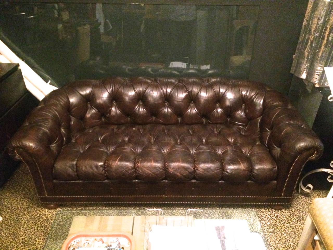 Beautifully worn leather Chesterfield Sofa For Sale at 1stDibs