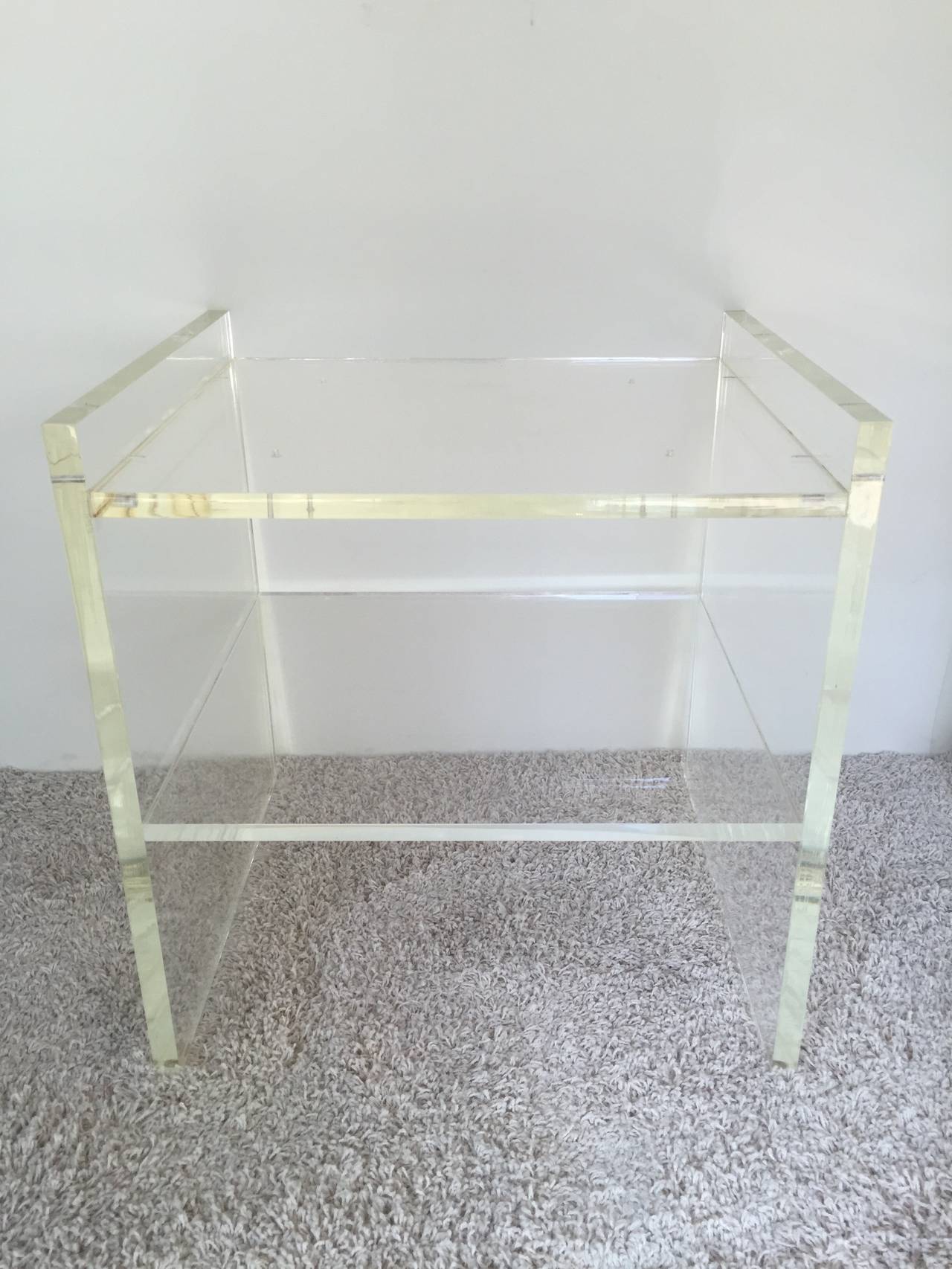 Pair of Springer Style Lucite and White Oak TwoTier Nightstands or End