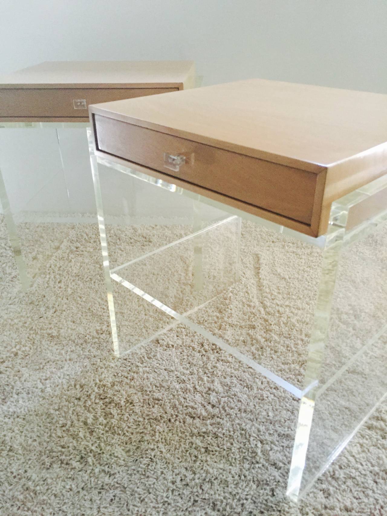 Pair of Springer Style Lucite and White Oak TwoTier Nightstands or End