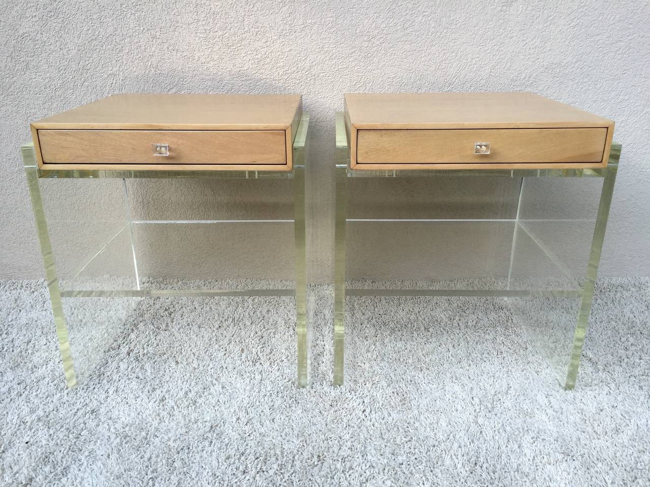 Pair of Springer Style Lucite and White Oak TwoTier Nightstands or End