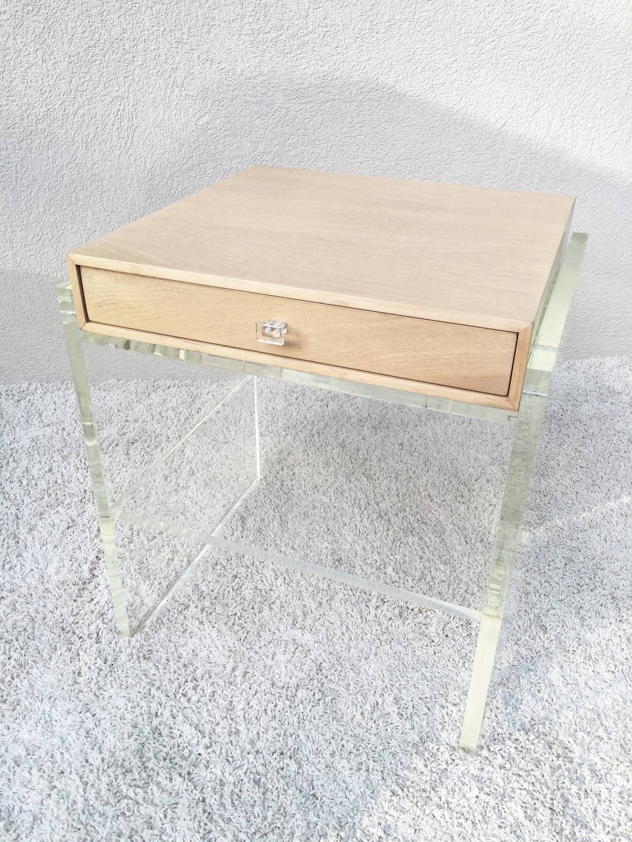 Pair of Springer Style Lucite and White Oak TwoTier Nightstands or End