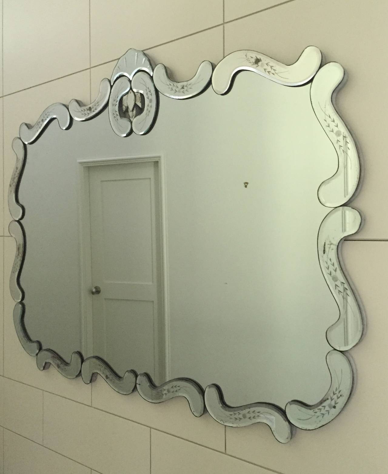 Large Hollywood Regency Bevelled Etched Mirror For Sale at 1stDibs