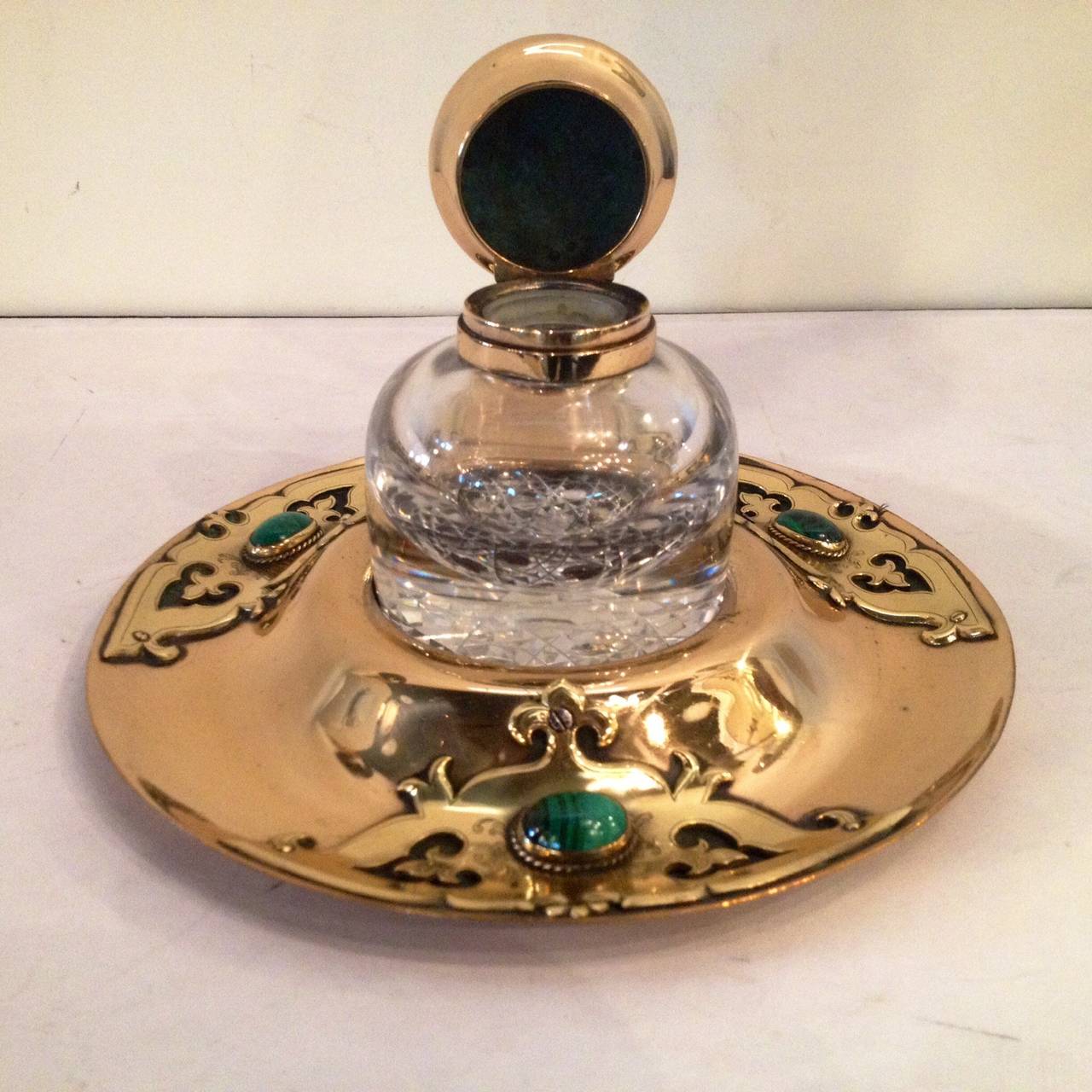 Art Nouveau Brass Crystal Malachite Inkwell For Sale at 1stdibs