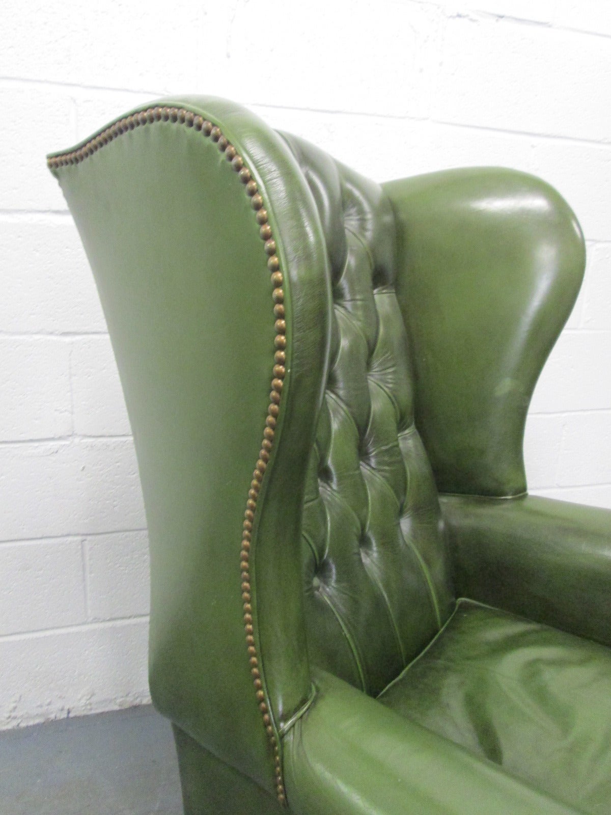Vintage Green Leather Tufted Wingback Chair at 1stDibs green leather