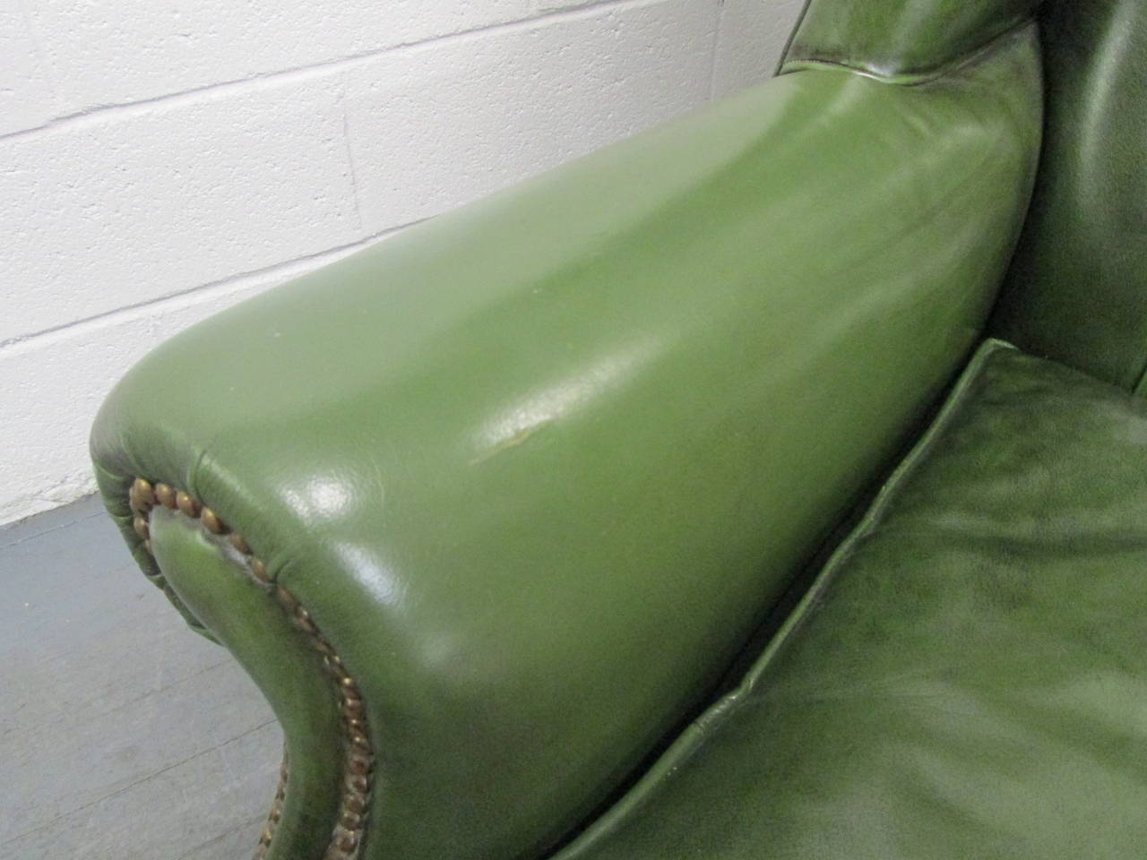 Vintage Green Leather Tufted Wingback Chair at 1stDibs