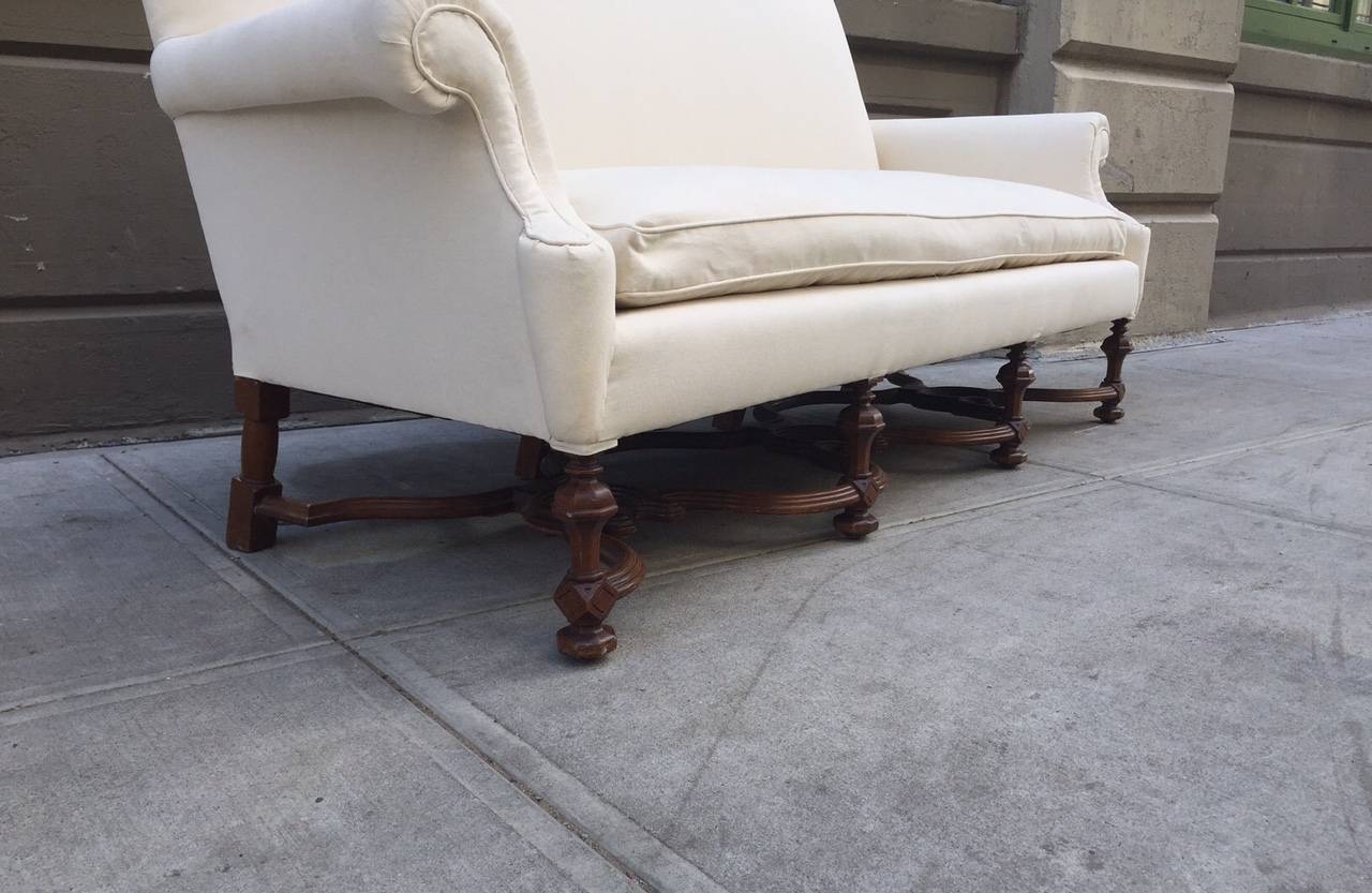 Pair of English High Back Antique Walnut Sofas in Linen For Sale at 1stdibs