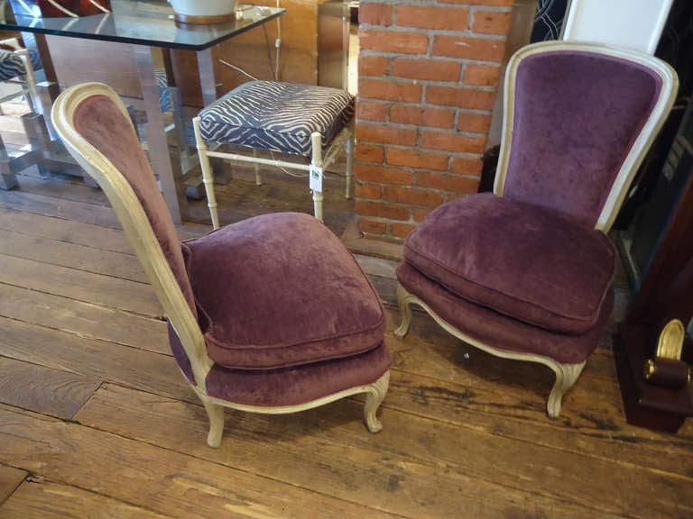 Very Romantic Aubergine Velvet Low Slung Slipper Chairs at 1stdibs