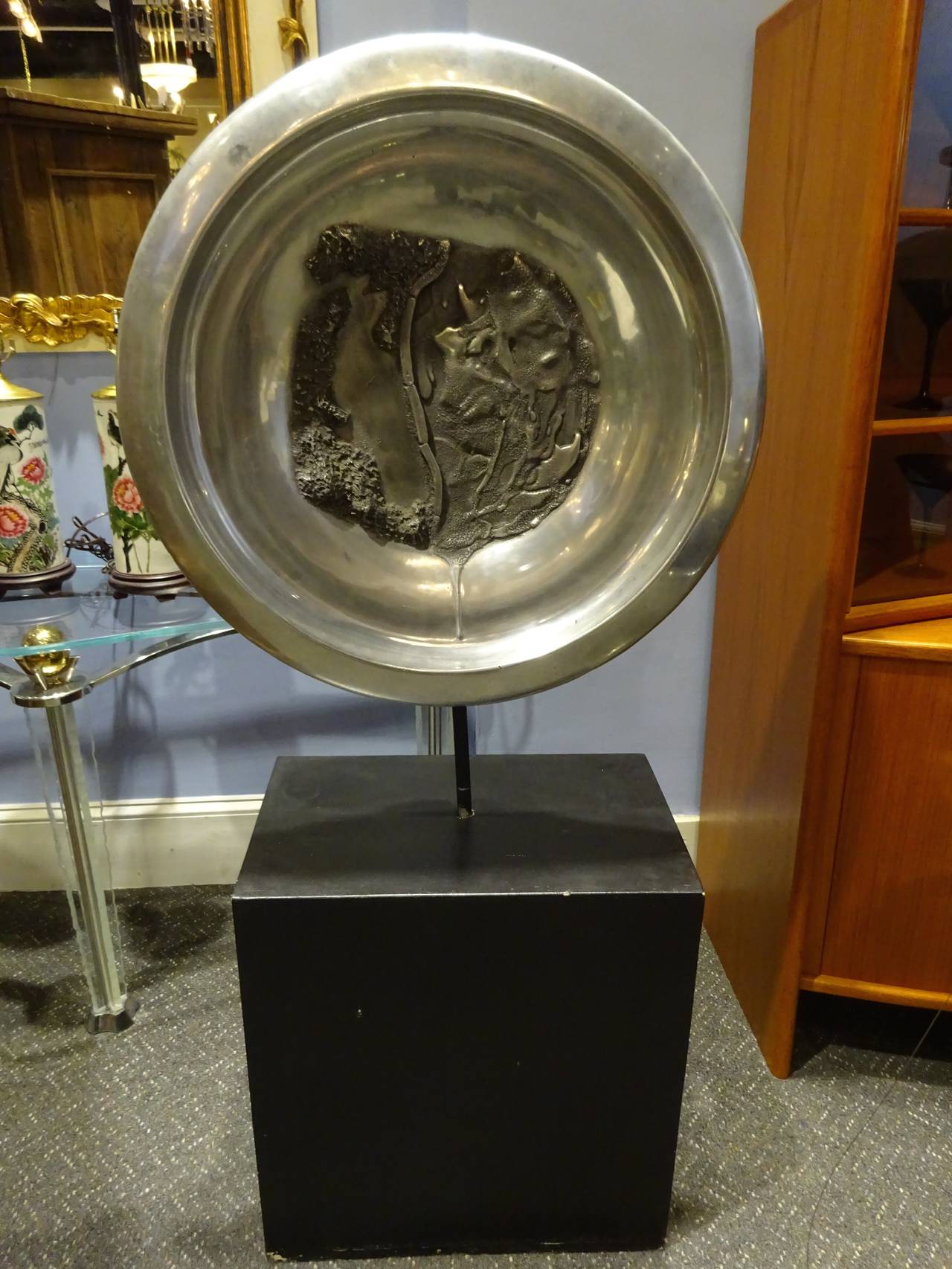 Large Mid Centry Modern Pewter Disc Sculpture at 1stdibs