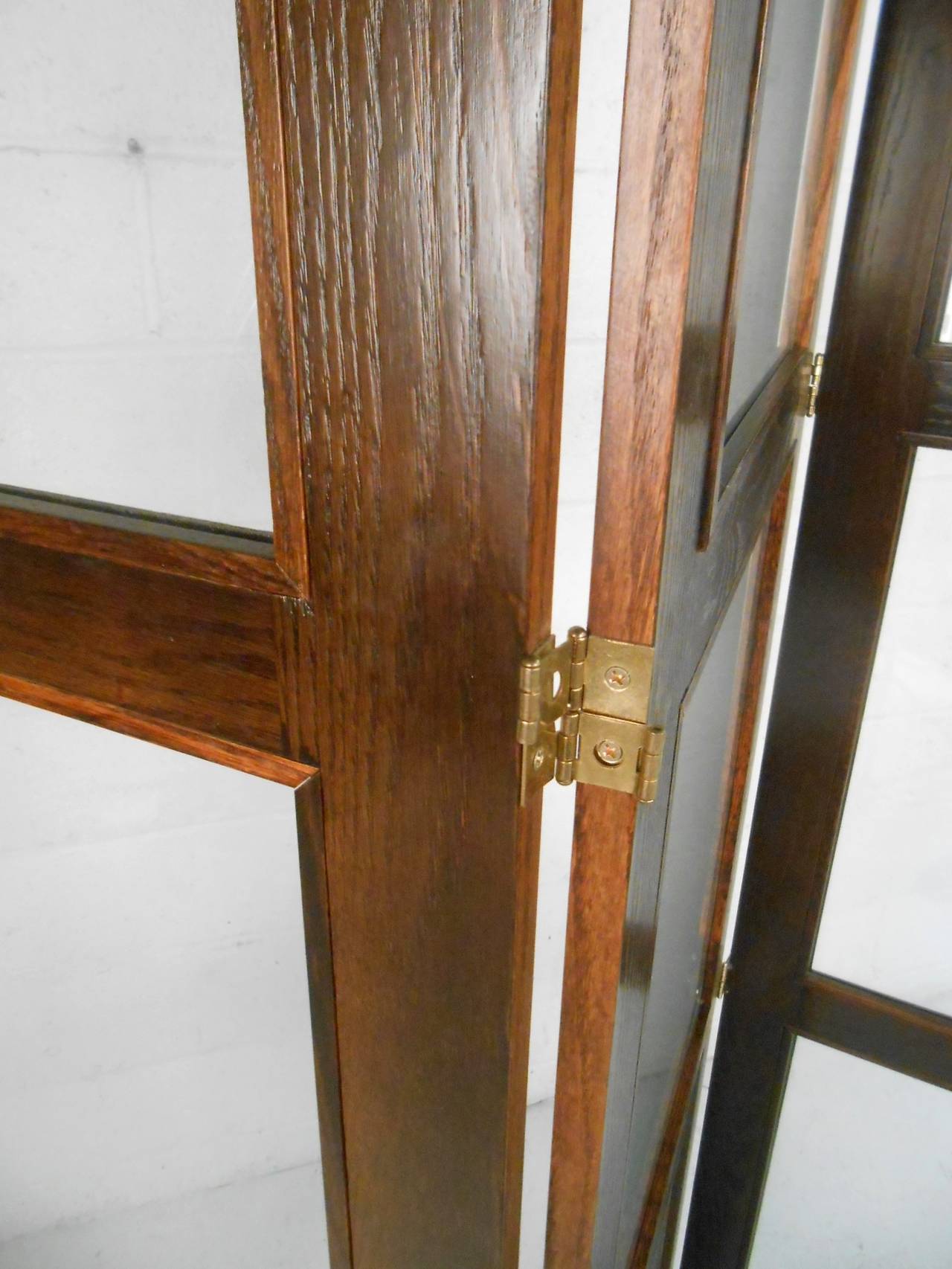 Unique MidCentury Modern Glass and Hardwood Room Divider Folding