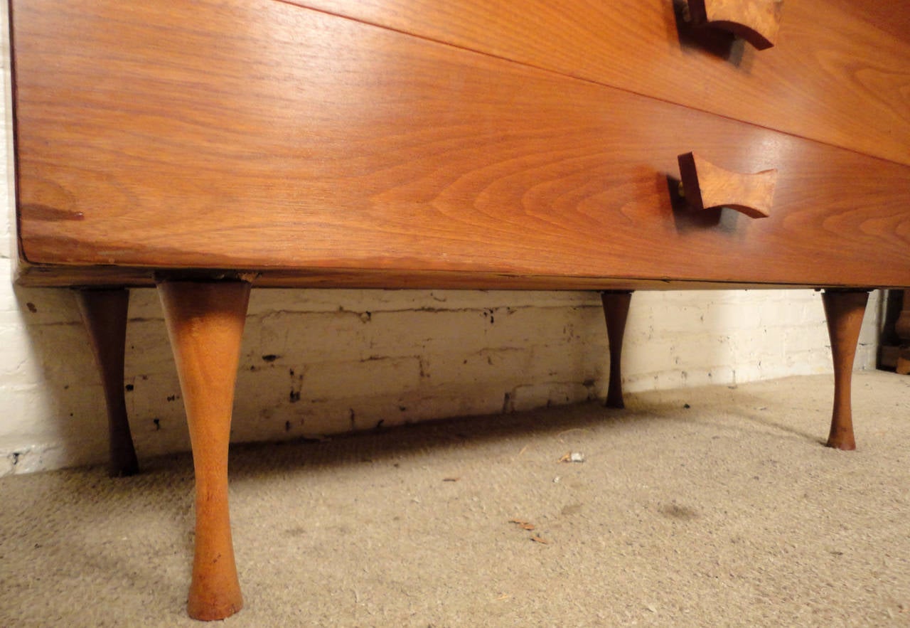 Beautiful MidCentury Walnut Dresser with Burl Wood Inlay For Sale at