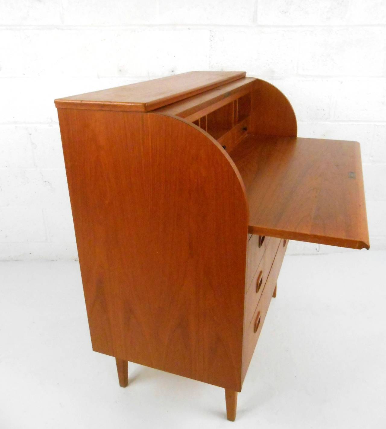MidCentury Modern Danish Teak Roll Top Cylinder Desk at 1stDibs