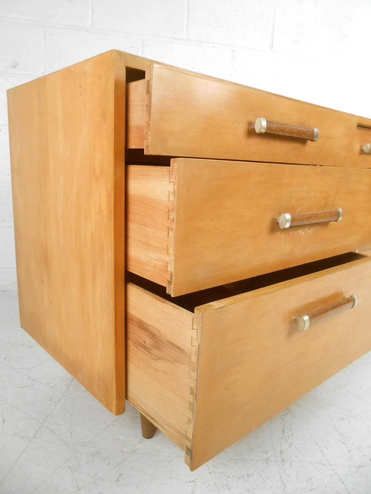 Unique MidCentury Modern Maple Dresser with Brass Trim at 1stDibs