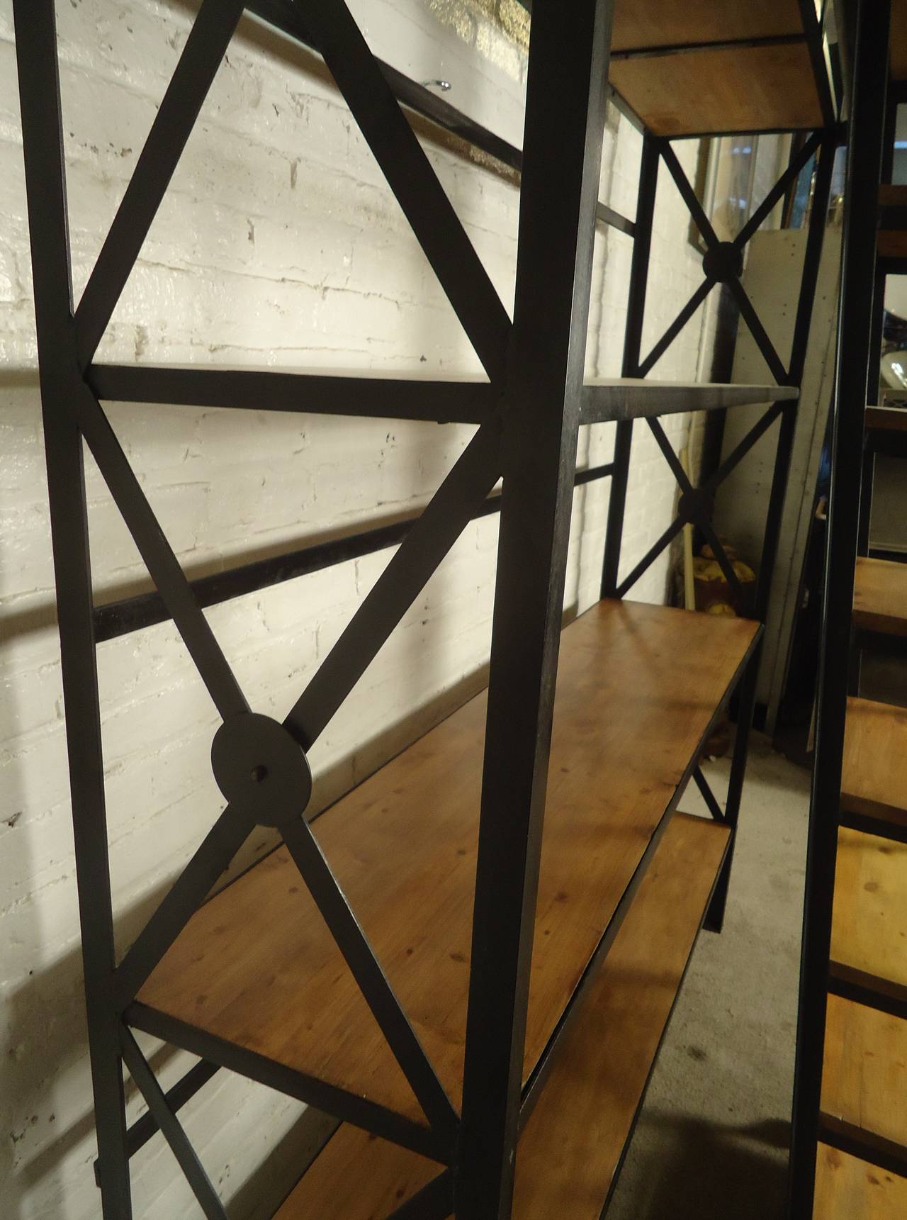 Industrial Wood and Iron Shelving Unit with Sliding Ladder For Sale at 1stDibs wood and iron