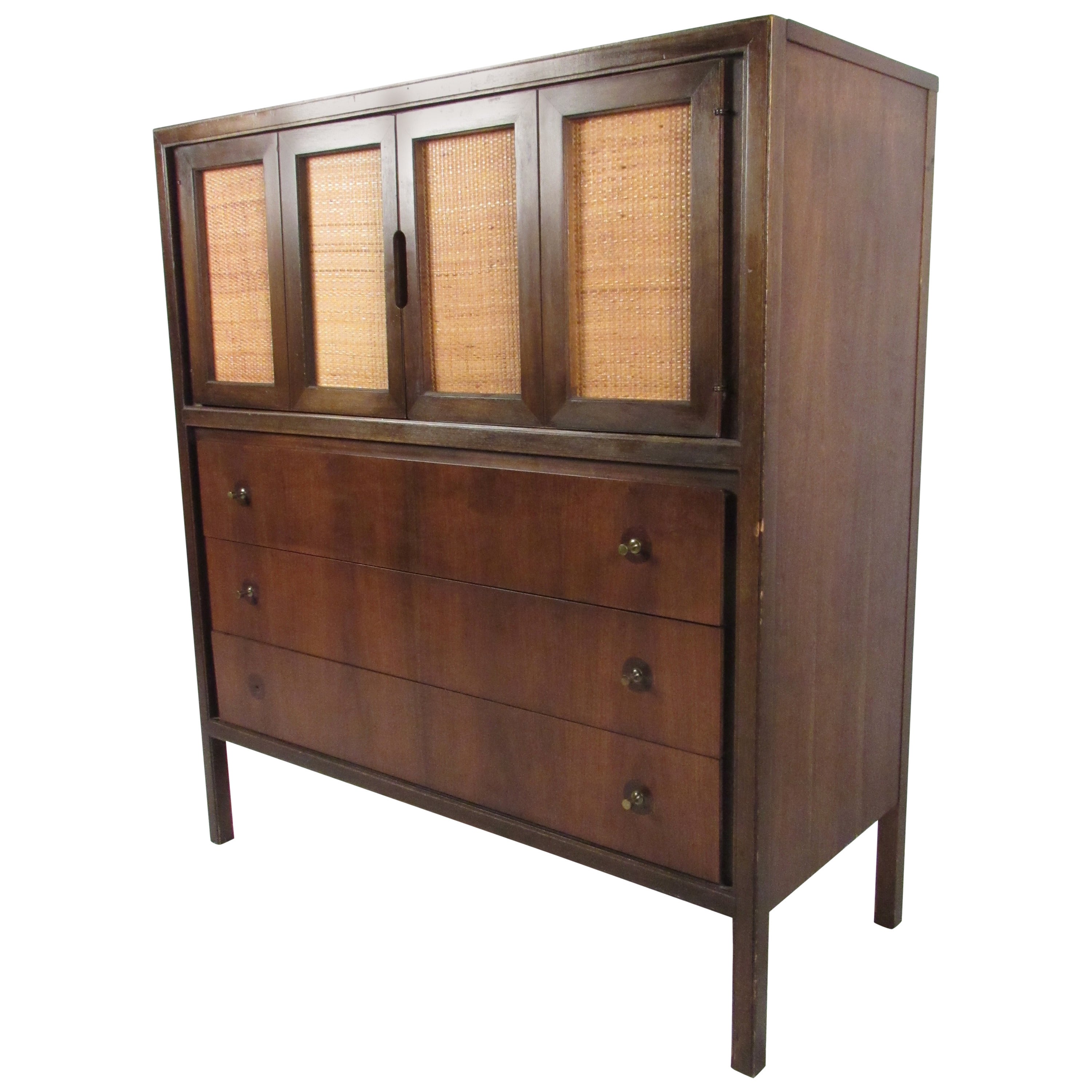 MidCentury Modern High Boy Dresser with Cane Doors For Sale at 1stDibs