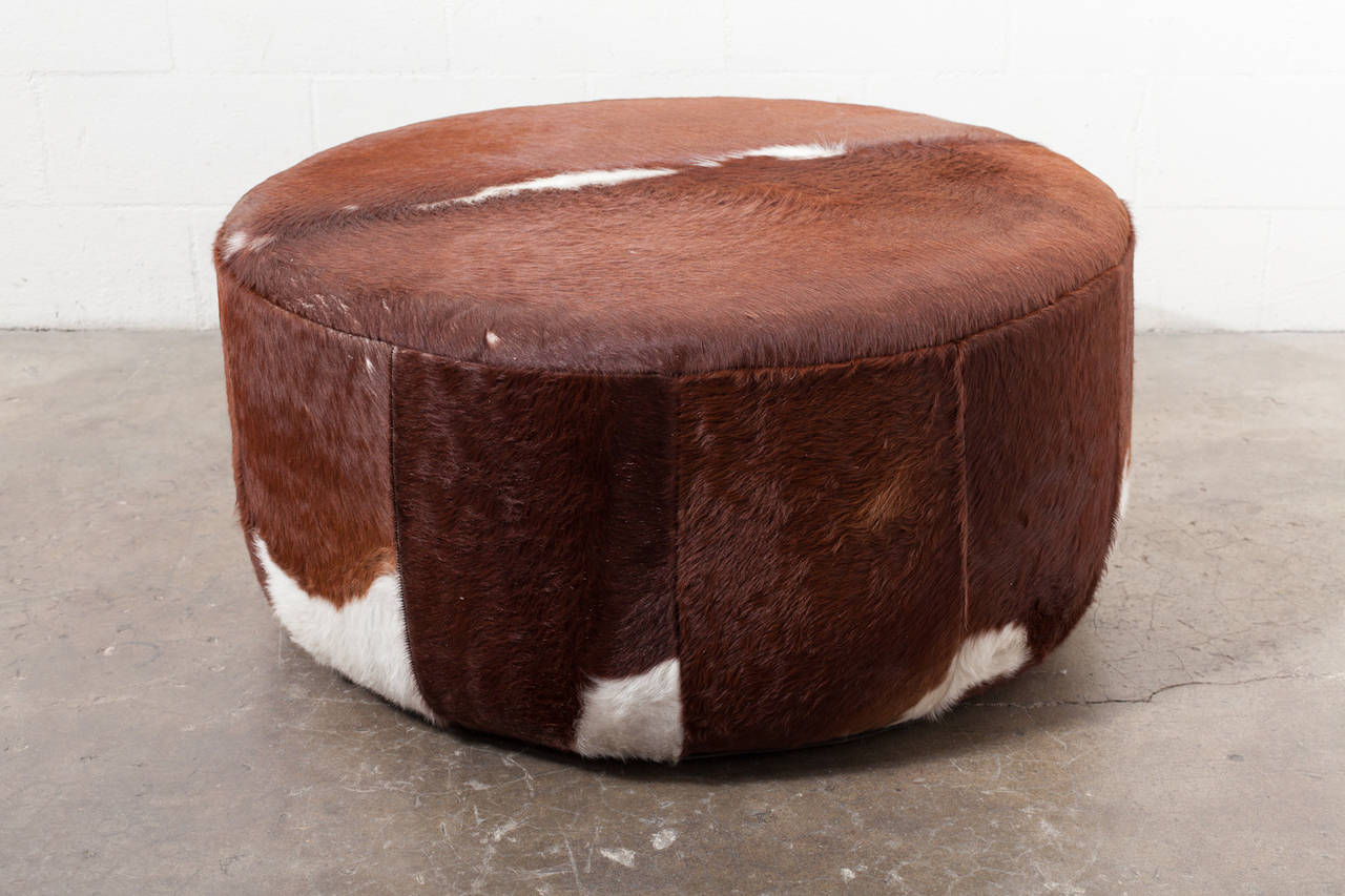Three Foot Wide Vintage Inspired Cowhide Ottoman or Coffee Table at