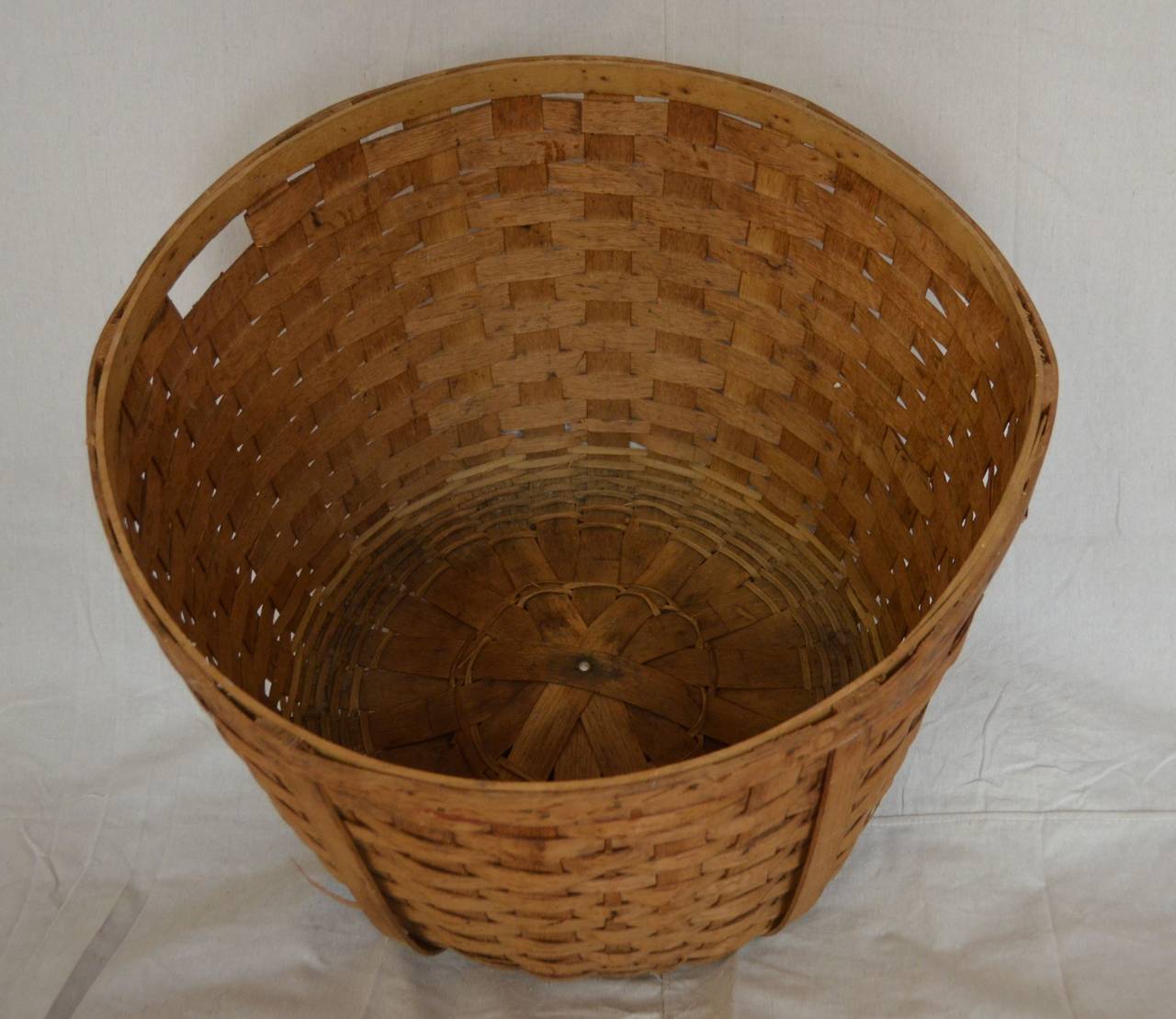 Basket of Woven Wooden Slats with CutOut Handles, 27inch Diameter at