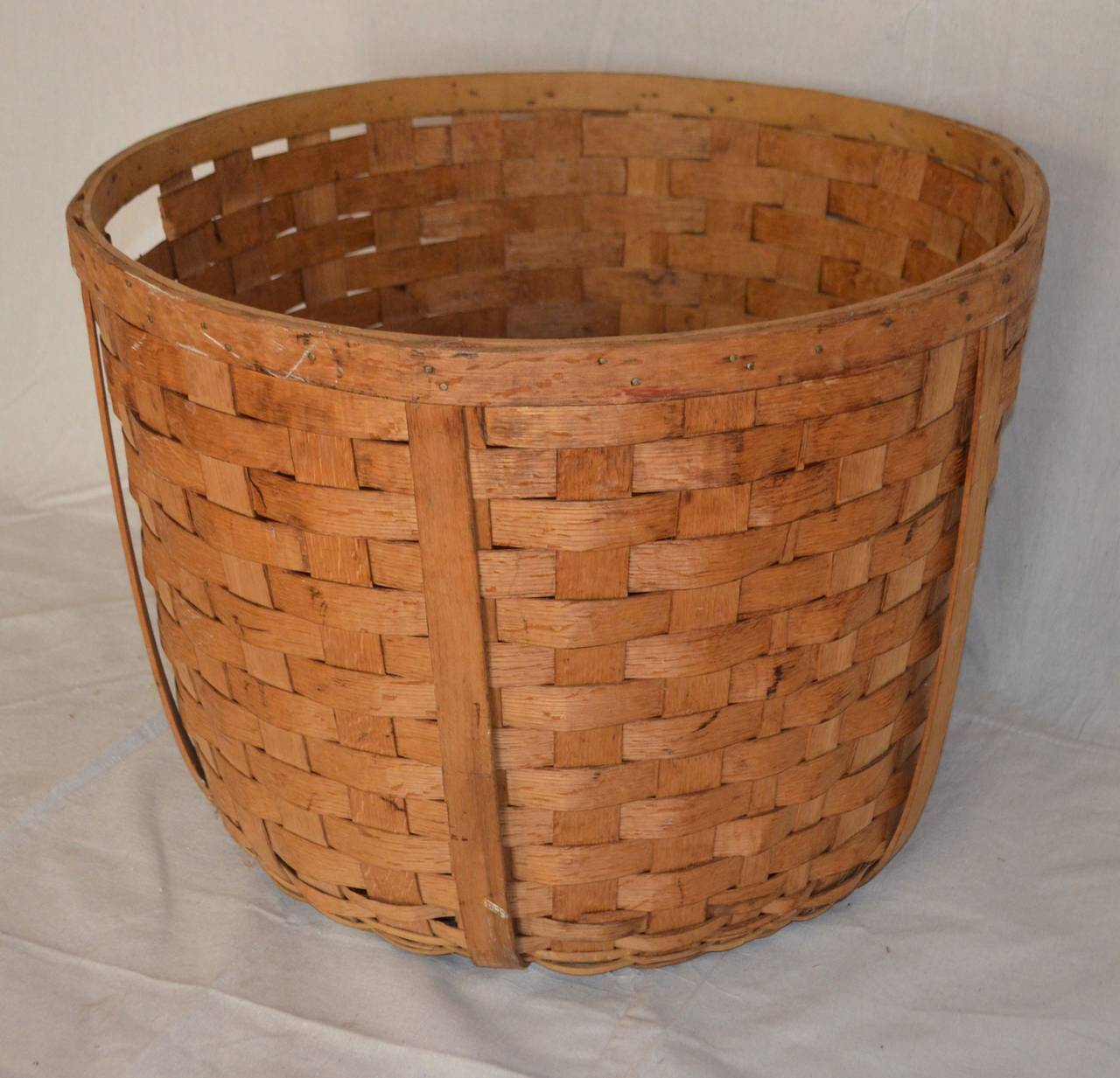 Basket of Woven Wooden Slats with CutOut Handles, 27inch Diameter at
