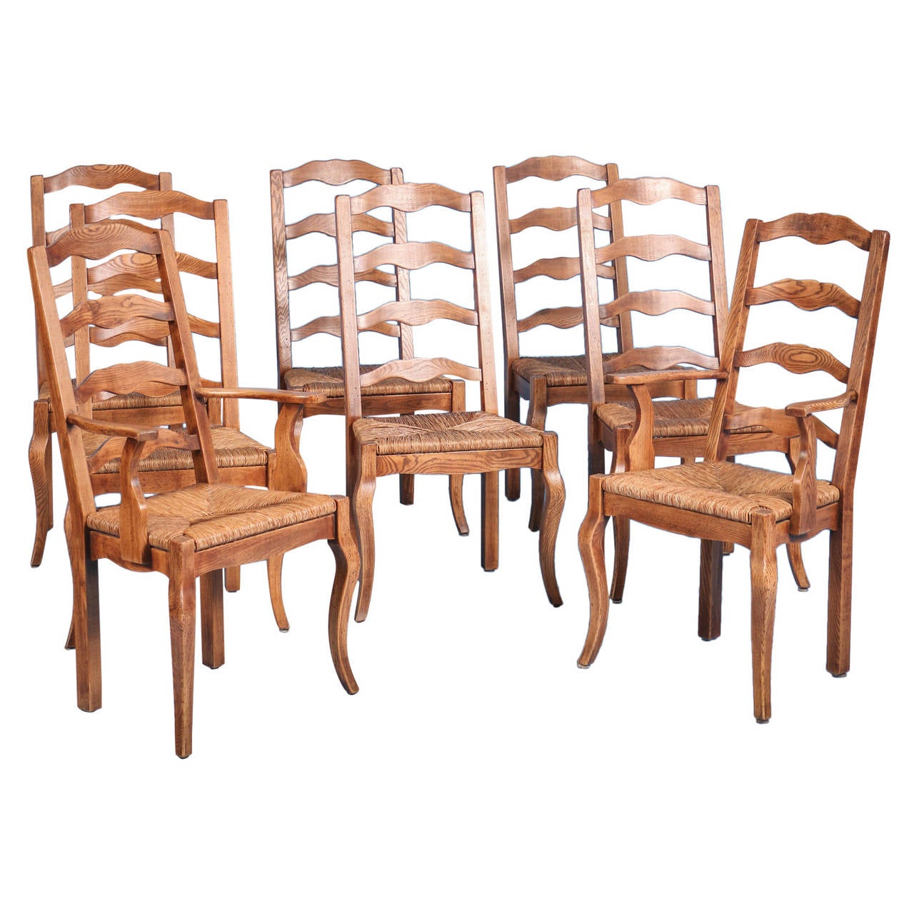French Country Elm Wood and Rush Seat Dining Chairs, Set of Eight at