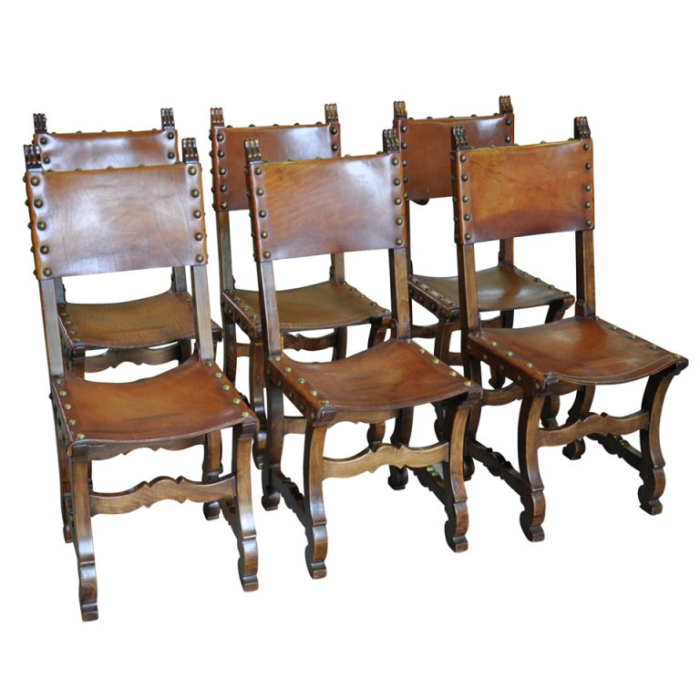 Set of Six Spanish Renaissance Style Leather Dining Chairs at 1stdibs