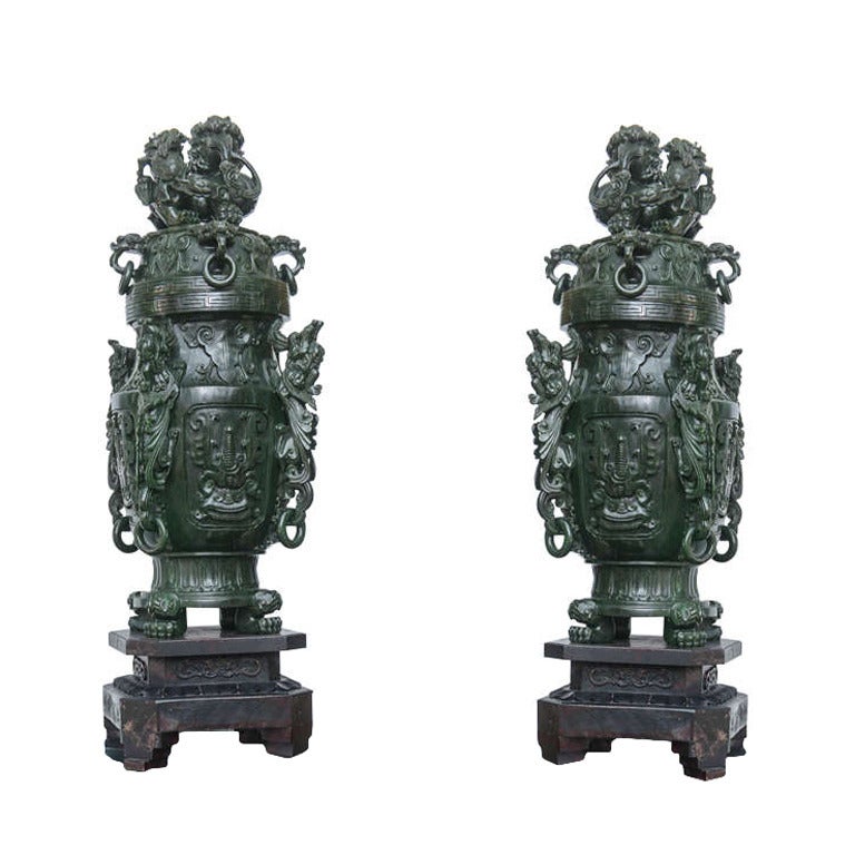 Pair of Solid Jasper Jade, Premium Green Color, Palace Vases For Sale