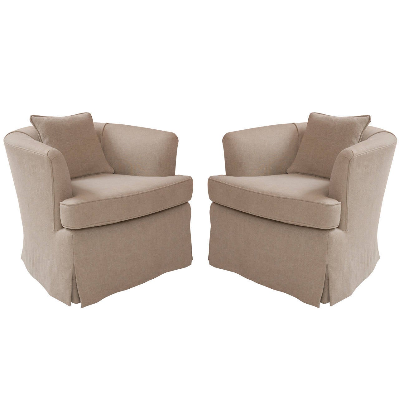 Pair of Custom Linen MidCentury Swivel Club Chairs at 1stDibs