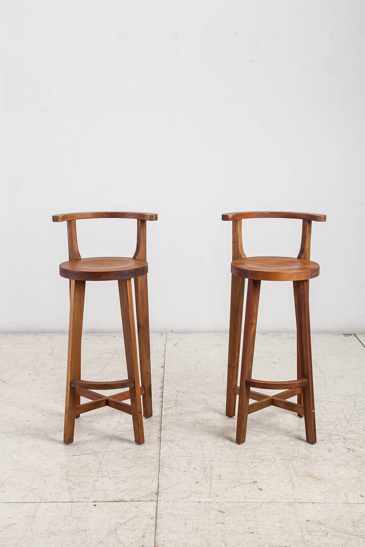 Wooden Bar Stools For Sale Pair Studio crafted wooden bar stools with rounded back rests For Sale