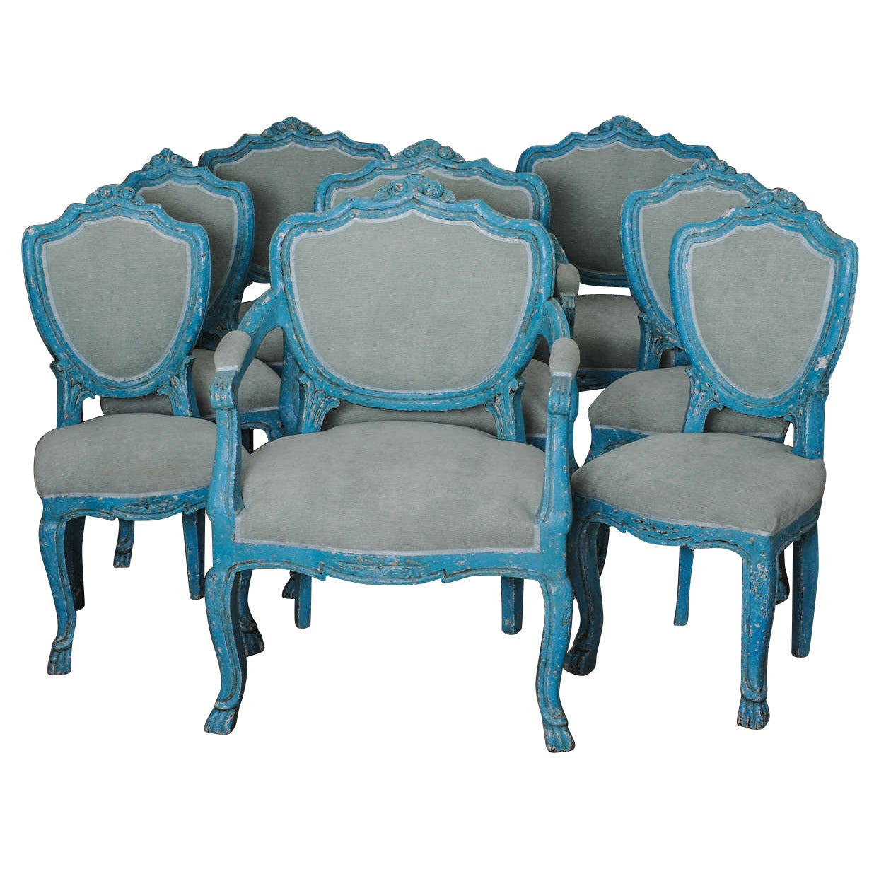 Set of 6 Antique Dining Chairs with Azure Blue Patina For Sale at 1stdibs