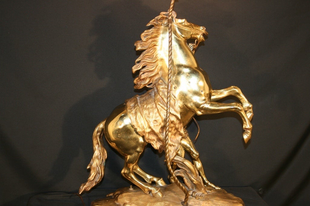 Large French Gilt Bronze Marly Horse Figural Table Lamp Statue Signed