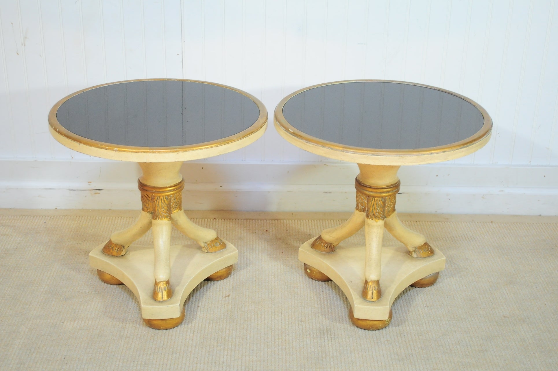 Pair French Regency Style Black Glass End Tables w Hoof Feet After