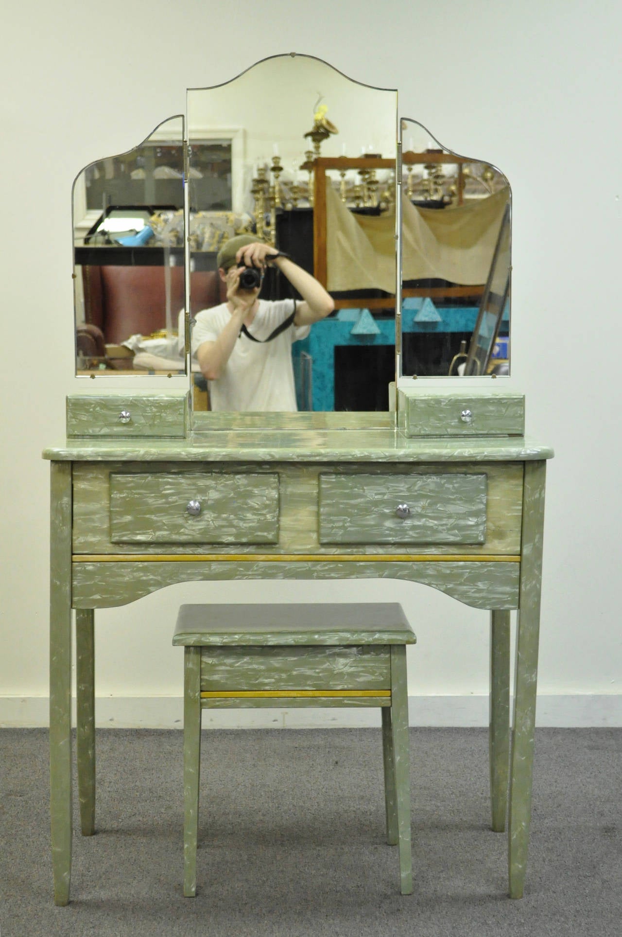 Rare Art Deco Green Celluloid Covered Vanity with Tri Fold Mirror and