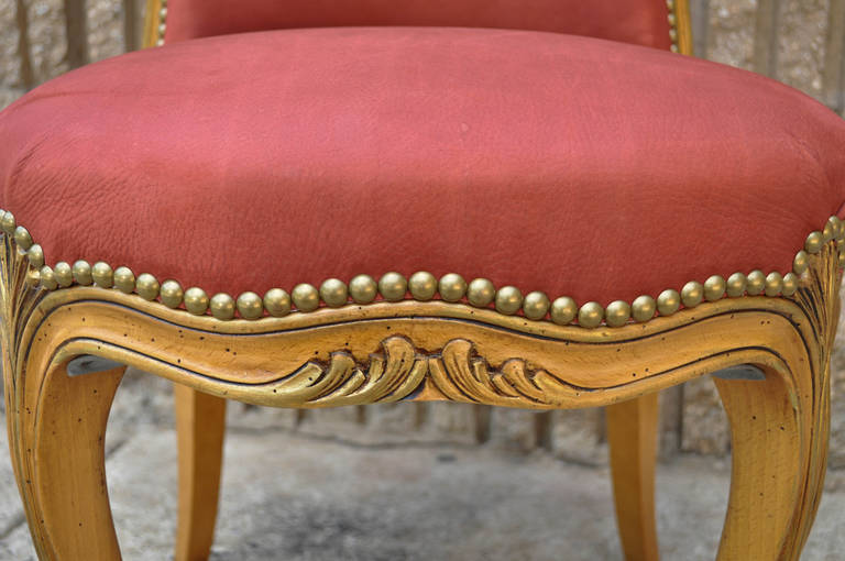 French HandCarved, Rolled Back Leather Vanity Chair in the Louis XV